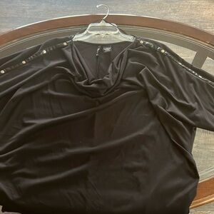 Elegant black top with leather going down each arm sleeve, gathered side waist